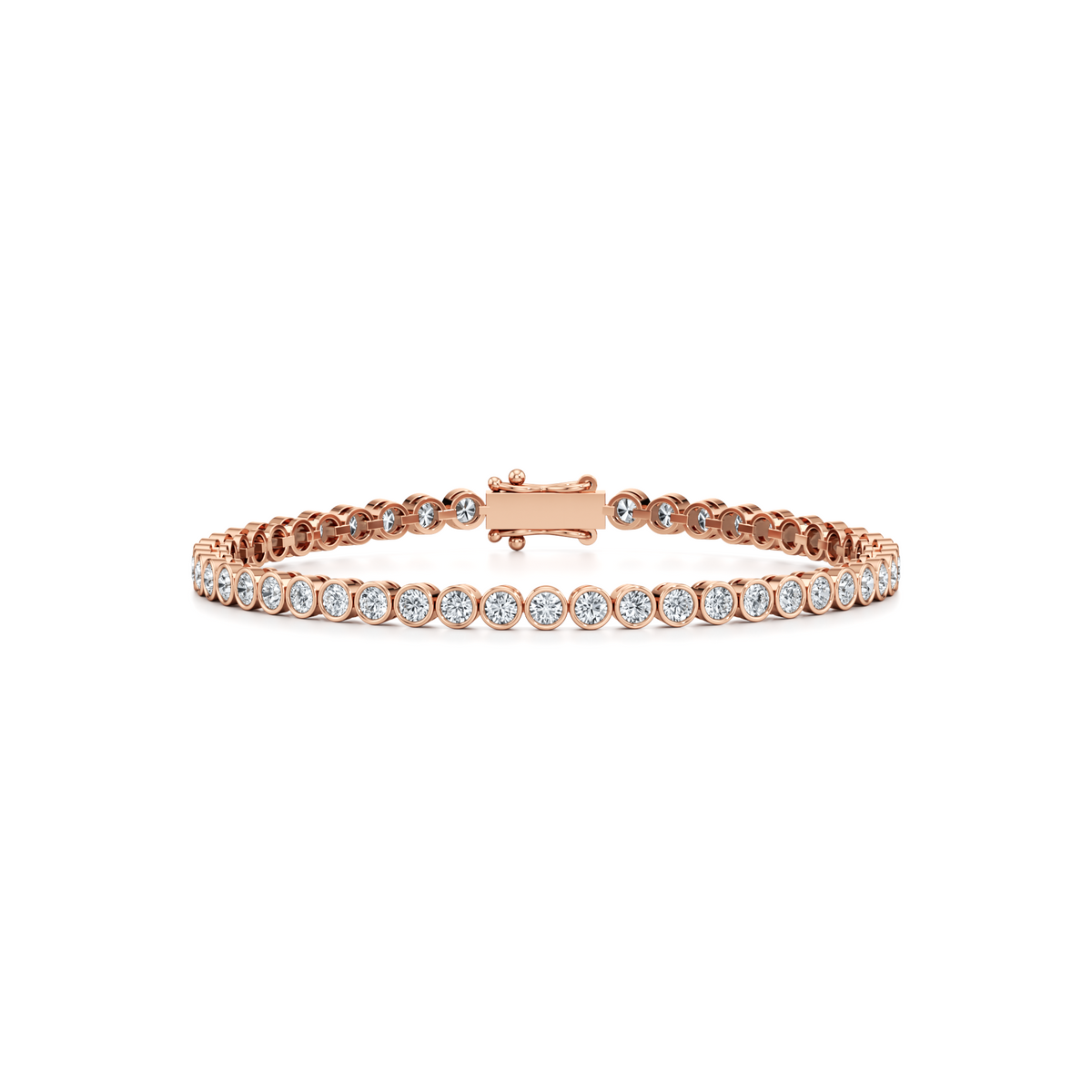 4 carat round lab grown diamond bezel set tennis bracelet in 14K rose gold