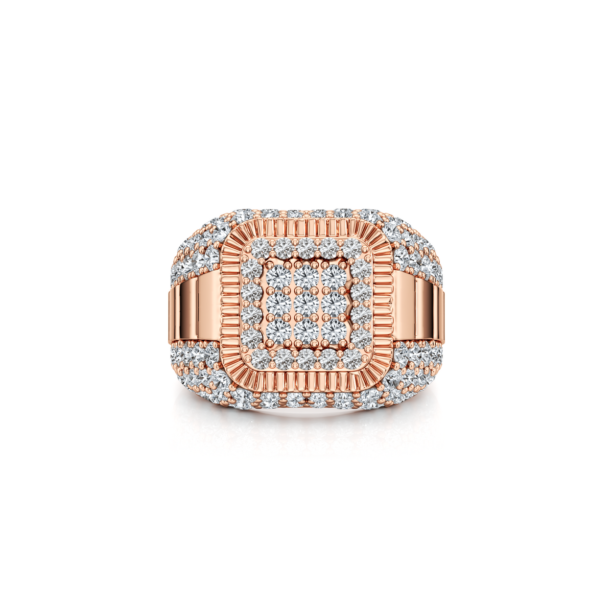 Men's signet ring set with 3 carat round natural diamonds in 10K rose gold
