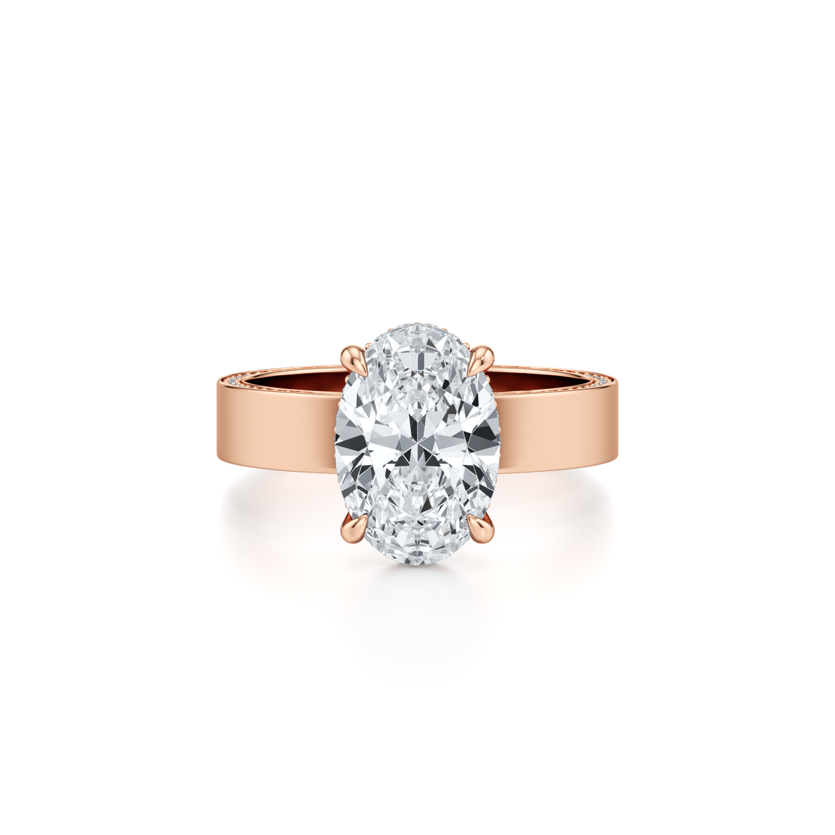 3.02 carat oval lab grown diamond halo engagement ring with 4mm diamond cigar band in 14K rose gold