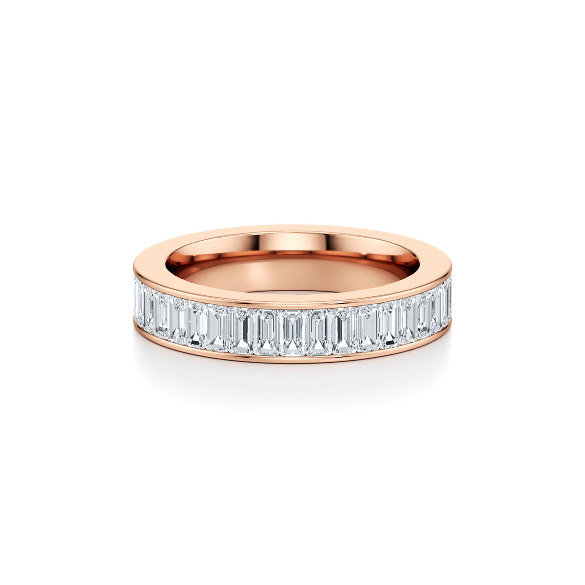3 carat emerald cut lab grown diamond channel set full eternity ring in 14K rose gold