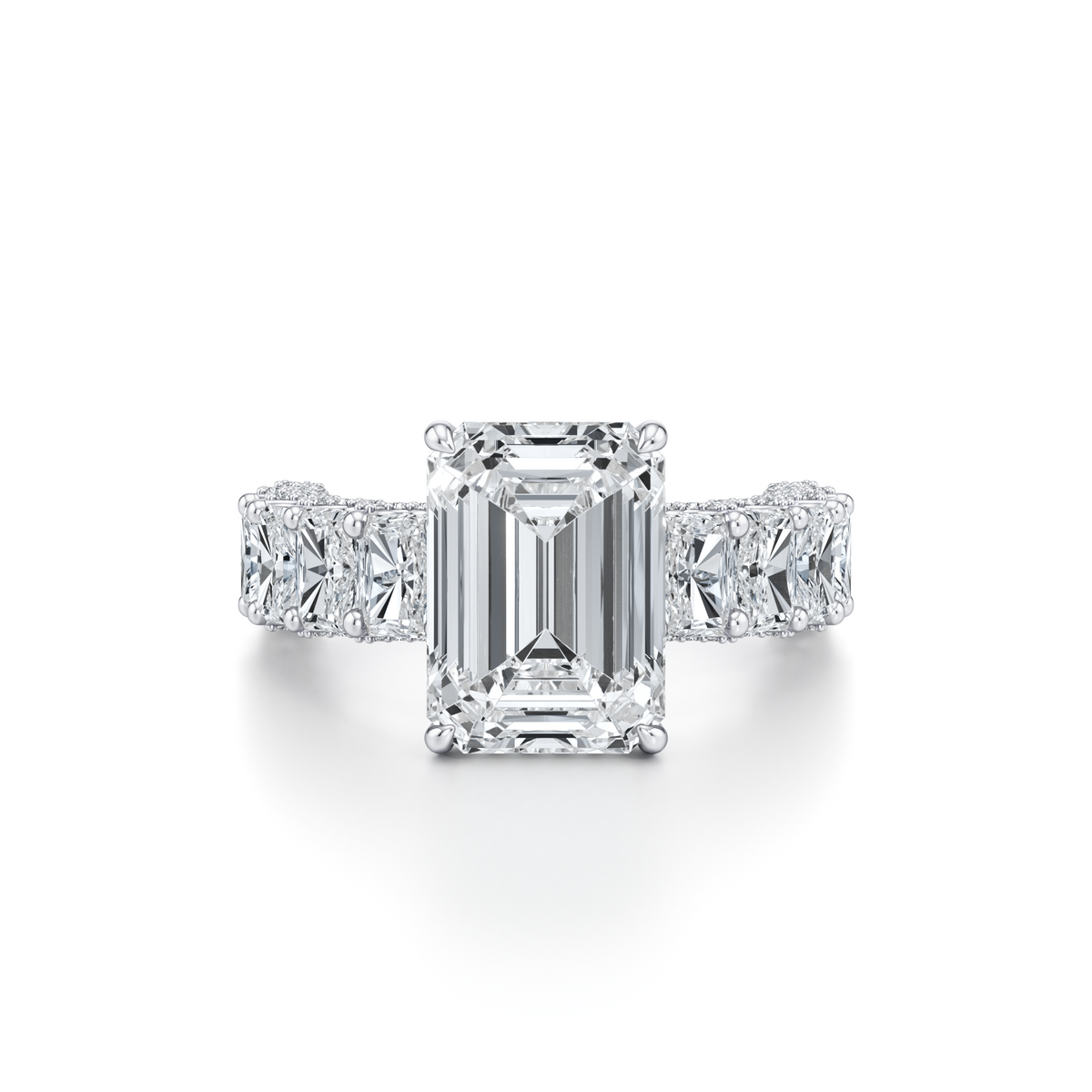 6.31 carat emerald cut lab grown diamond engagement ring with U-shank pavé in 14K white gold