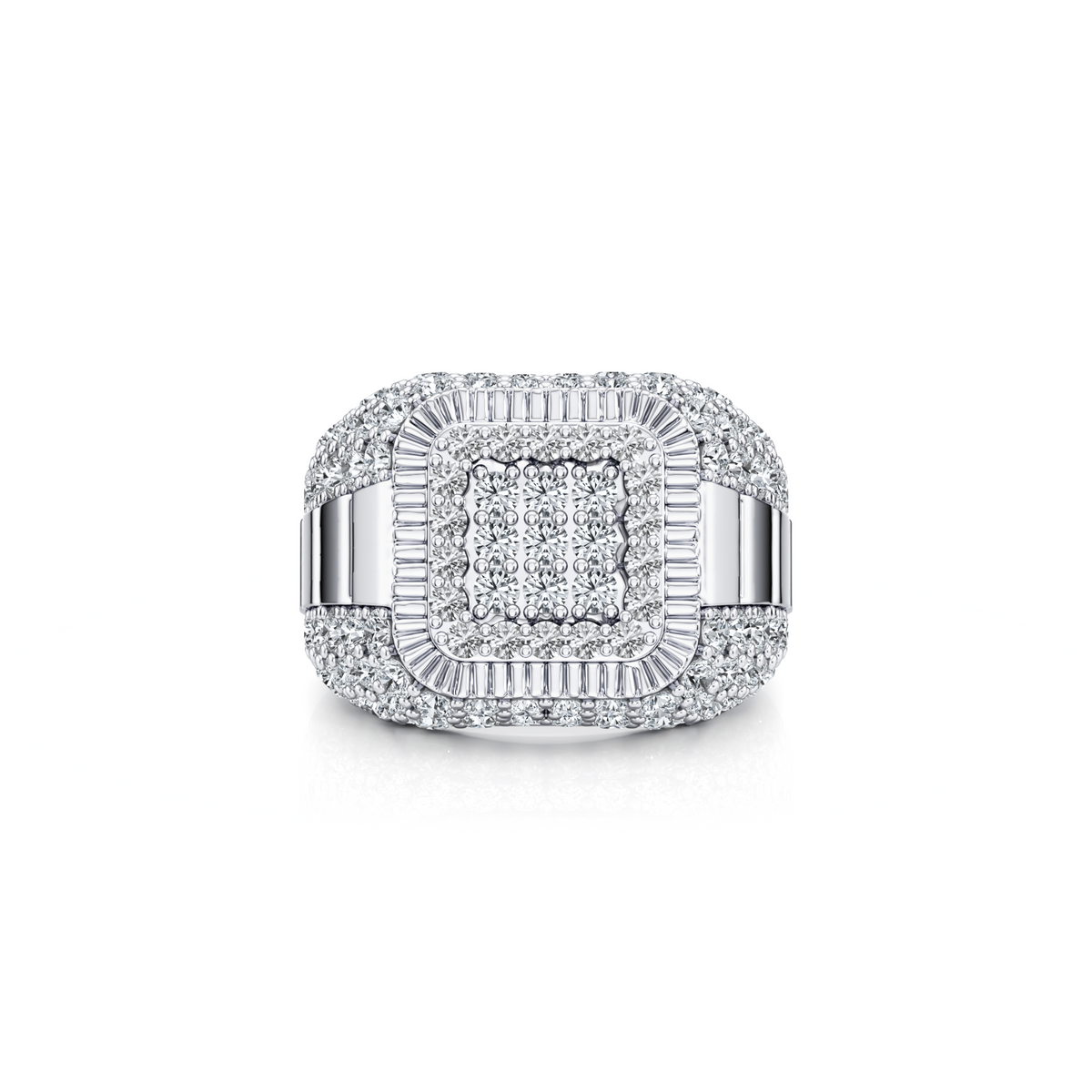 Men's signet ring set with 3 carat round natural diamonds in 10K white gold