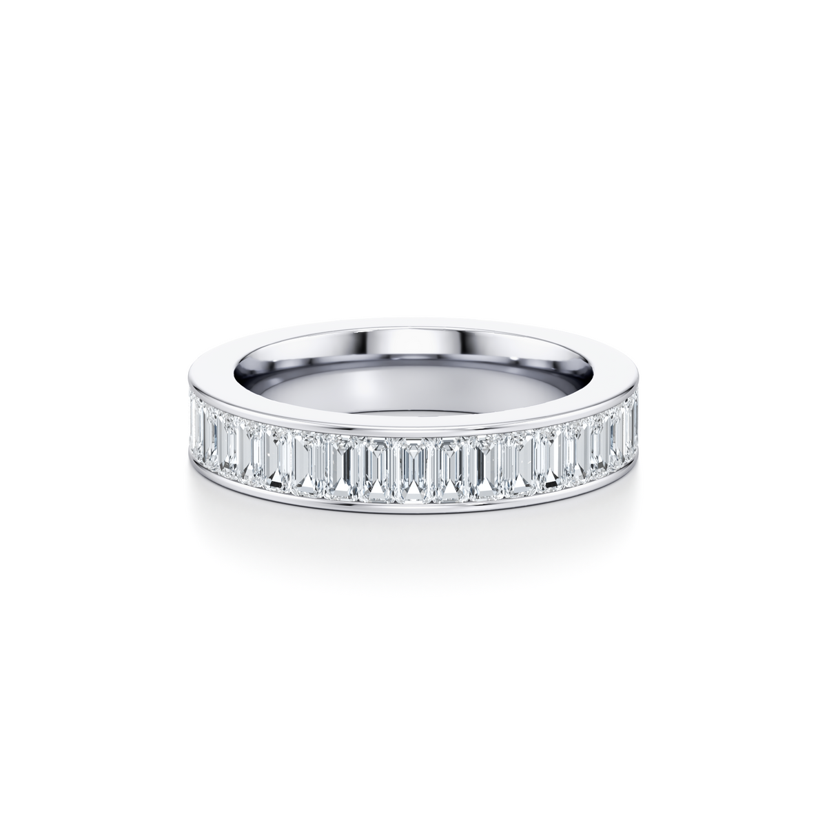 3 carat emerald cut lab grown diamond channel set full eternity ring in 14K white gold