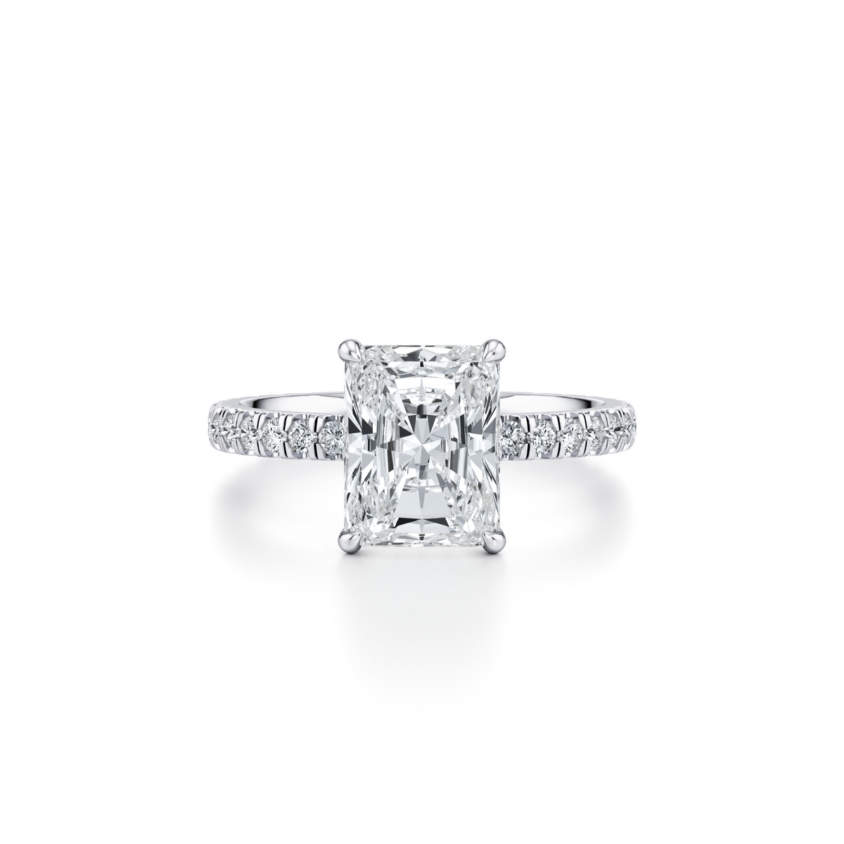 3.25 carat radiant cut lab grown diamond engagement ring with pavé band and hidden halo in 14K white gold