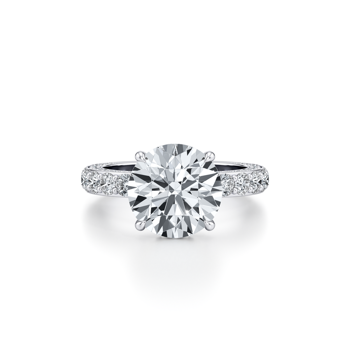 5.06 carat round lab grown diamond engagement ring with 3 row pavé and hidden halo in 14K white gold