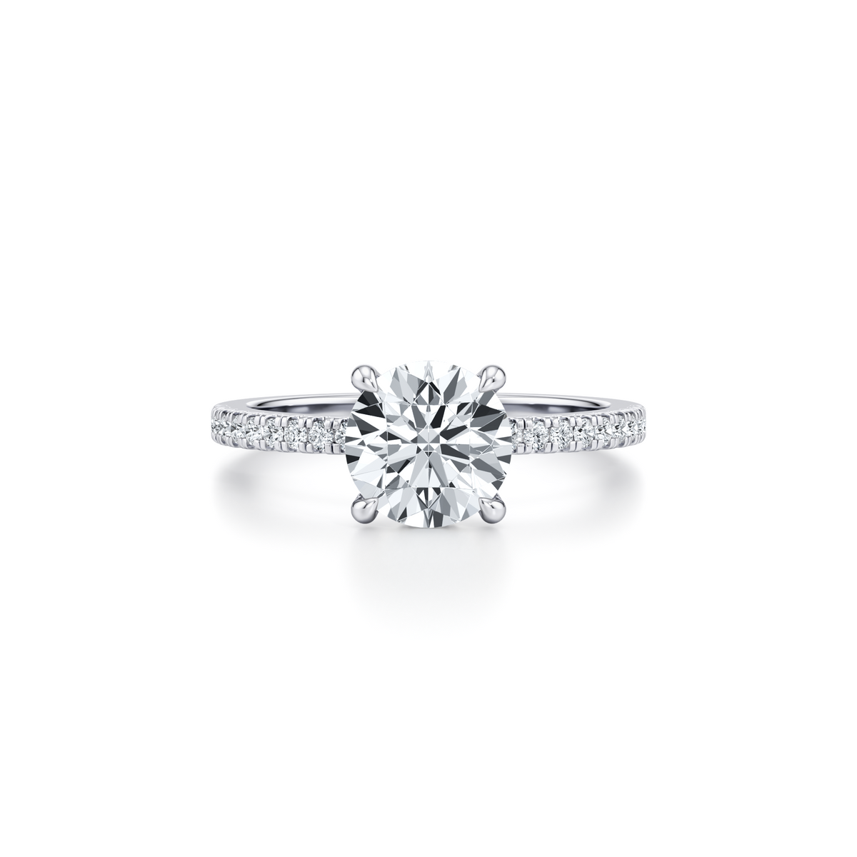 1.54 carat round lab grown diamond engagement ring with pavé band and hidden halo in 14K white gold