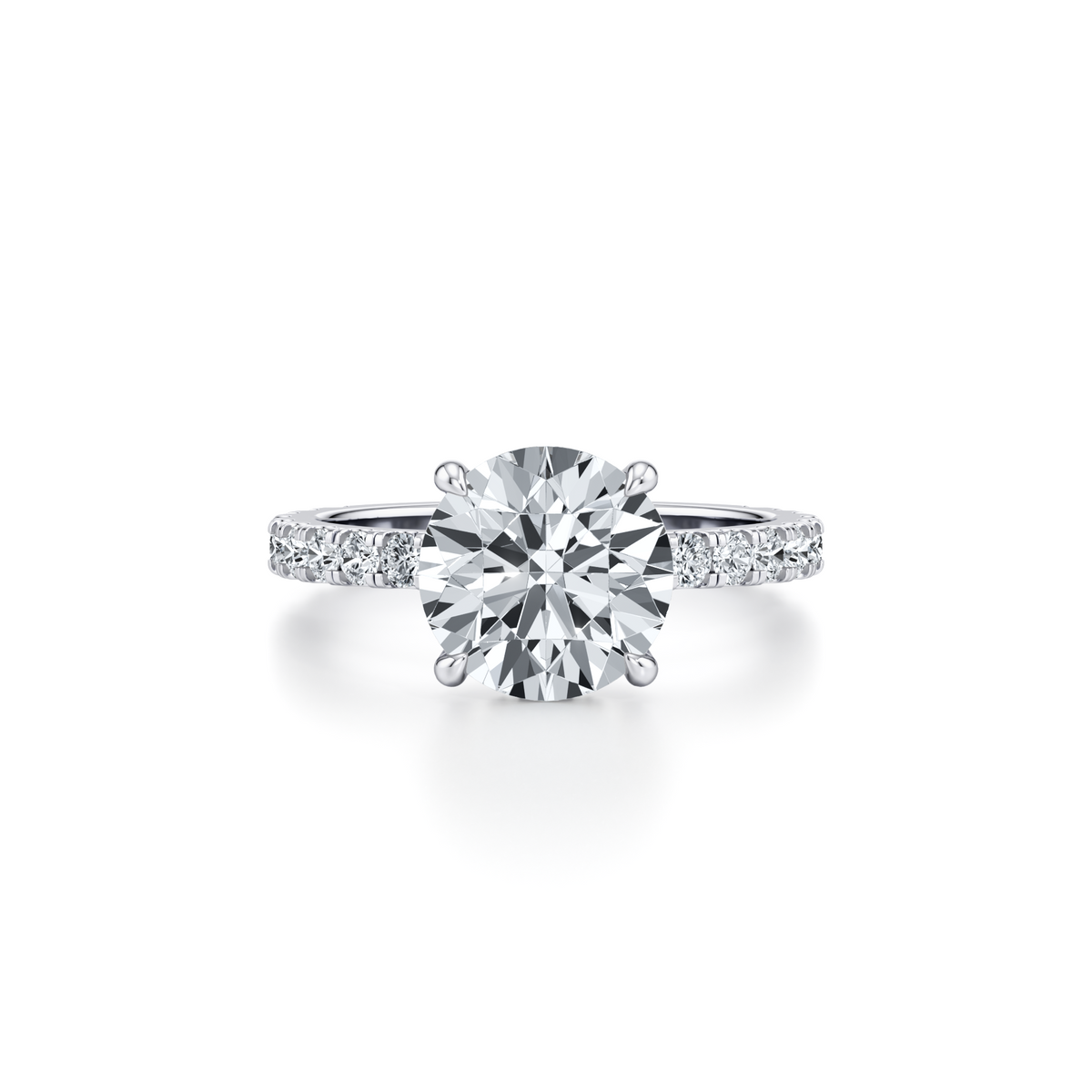 3.09 carat round lab grown diamond engagement ring with pavé band and hidden halo in 14K white gold