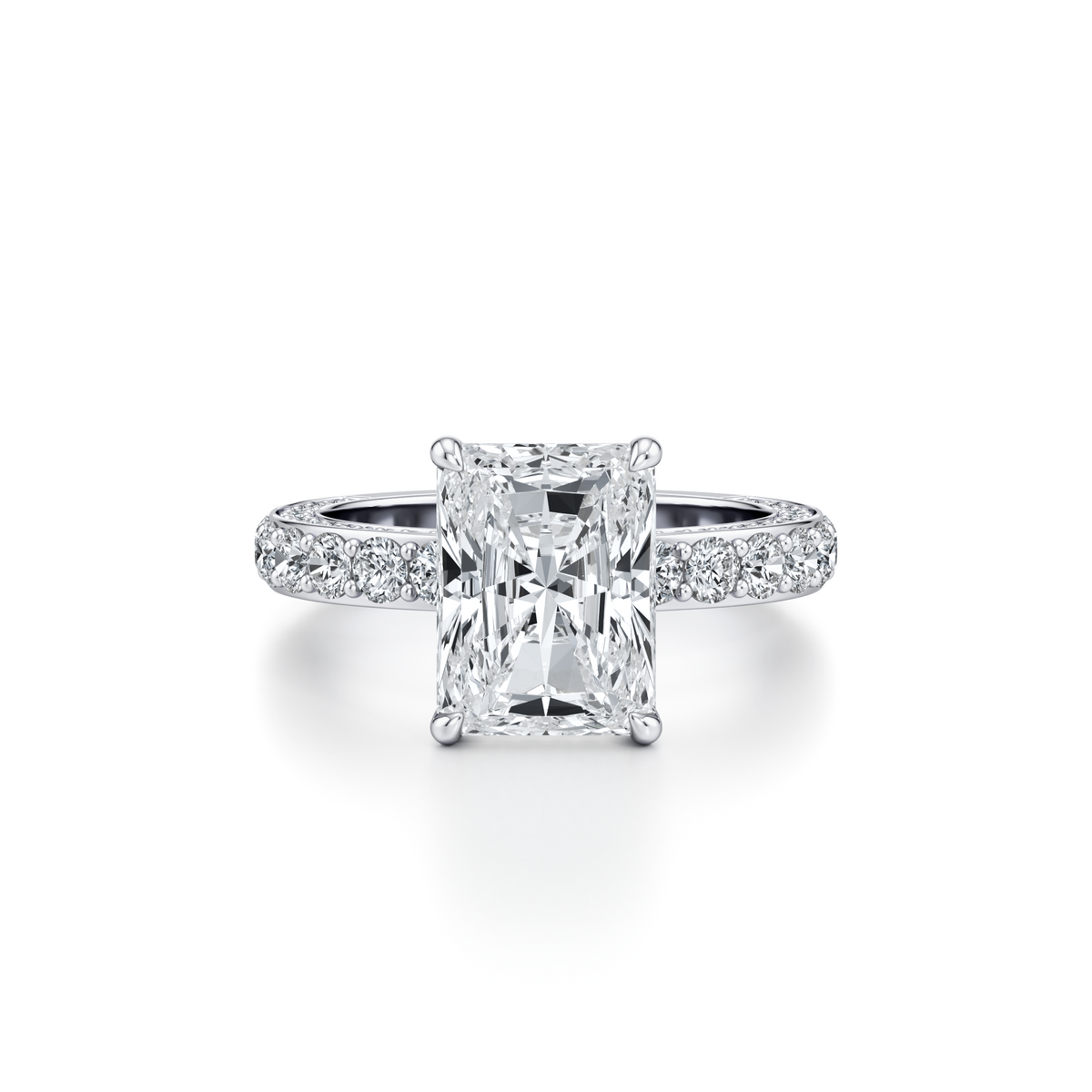 4.03 carat radiant cut lab grown diamond engagement ring with 3 row pavé and hidden halo in 14K white gold