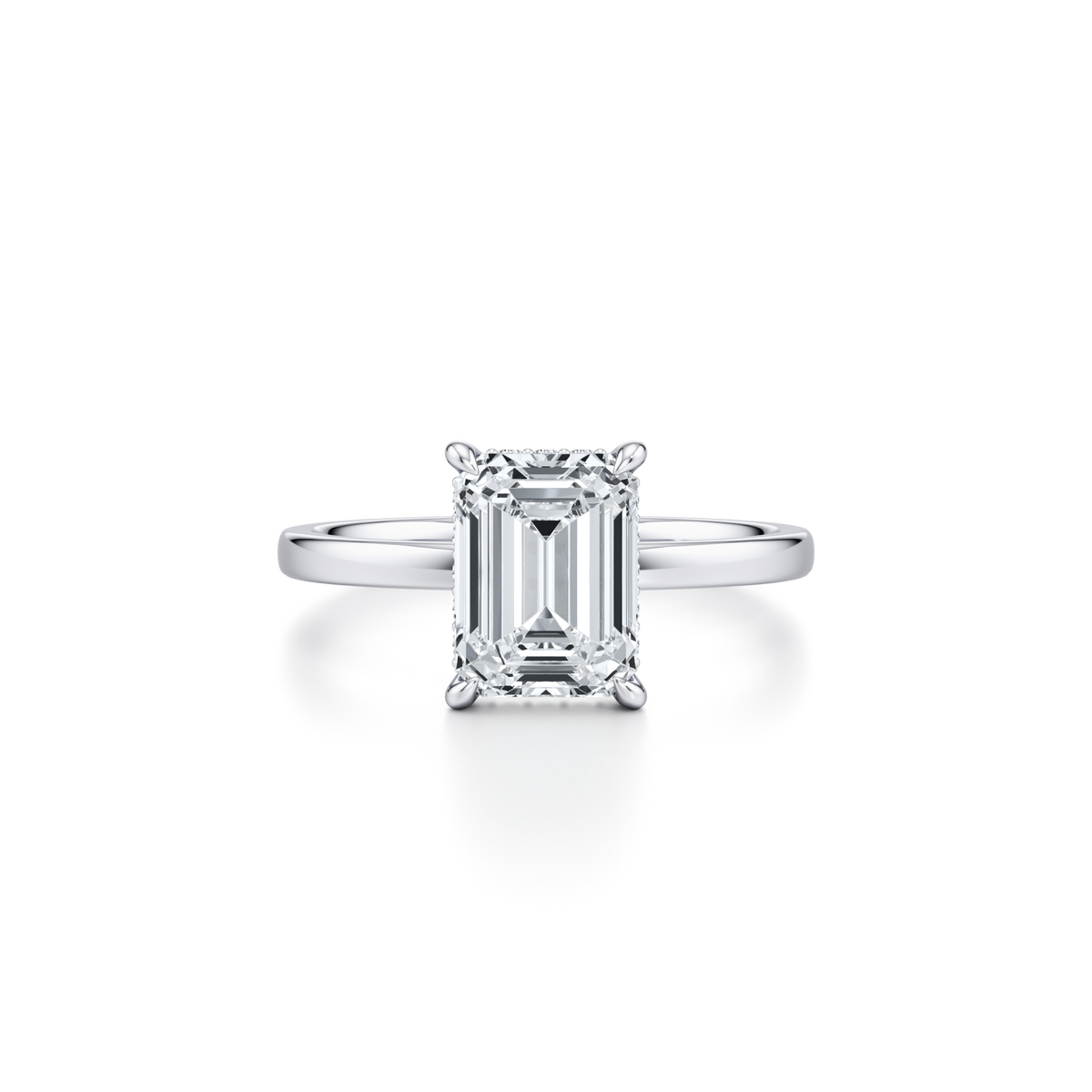 3.01 carat emerald cut lab grown diamond solitaire engagement ring with hidden halo in 14K white gold