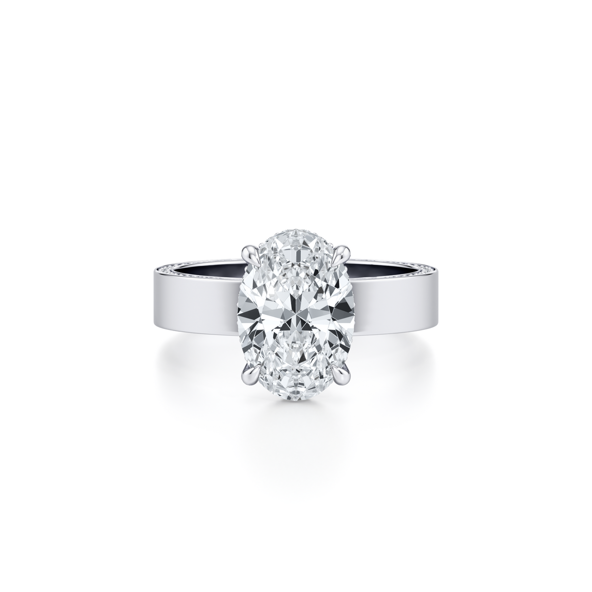 3.02 carat oval lab grown diamond halo engagement ring with 4mm diamond cigar band in 14K white gold