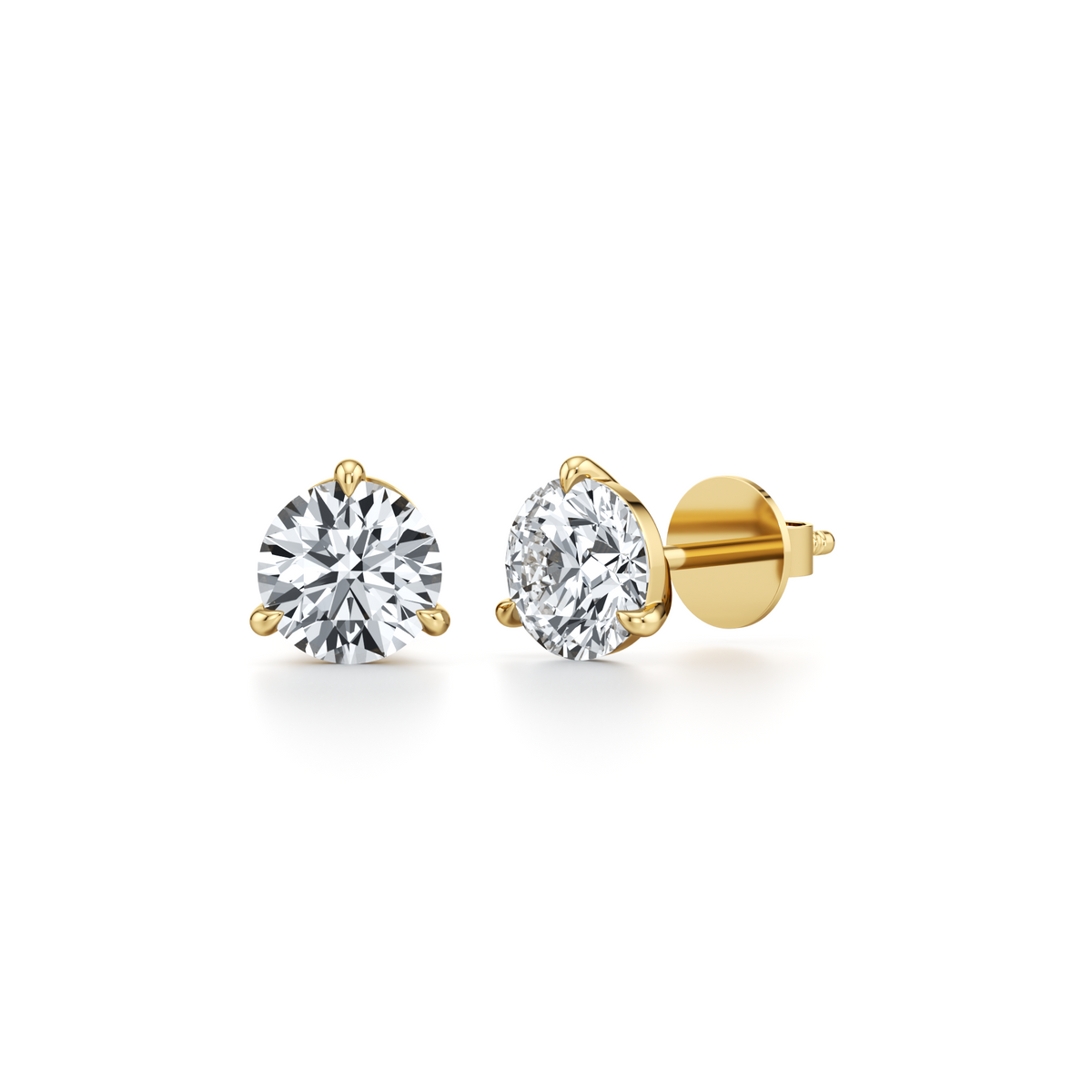 Round lab grown diamond stud earrings with three prong martini setting in 14K yellow gold