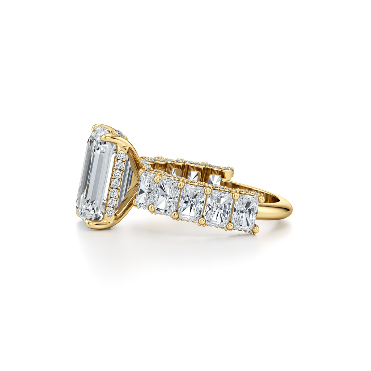 6.31 carat VVS2 emerald lab grown diamond ring with hidden halo in 14K yellow gold