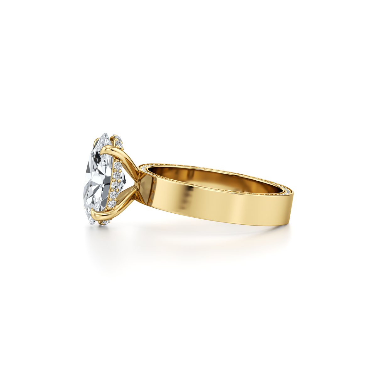 3.02 carat VVS2 oval lab grown diamond halo ring with pavé cigar band in 14K yellow gold, IGI certified