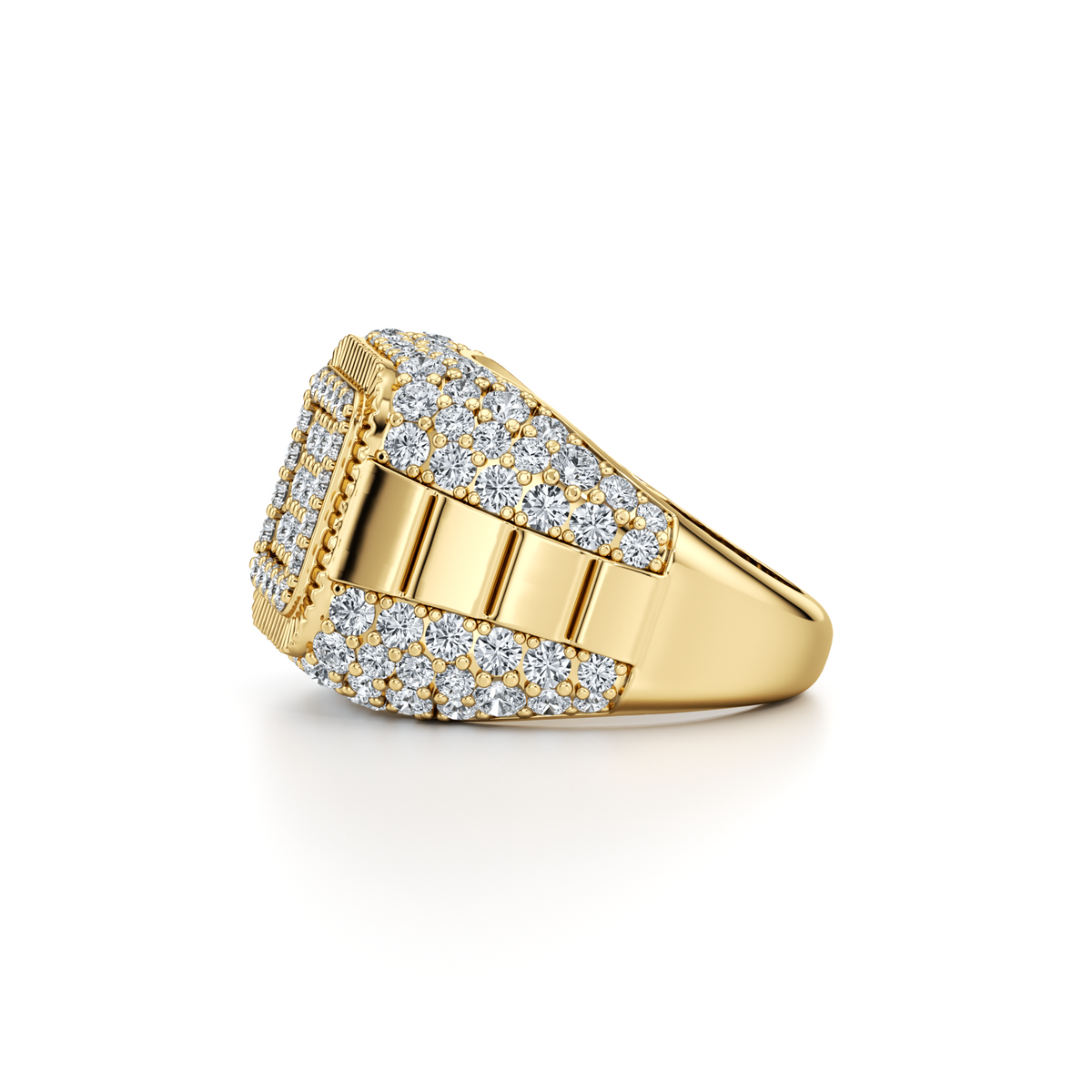 3 carat round natural diamond men's signet ring with three-quarter eternity set in 10K yellow gold