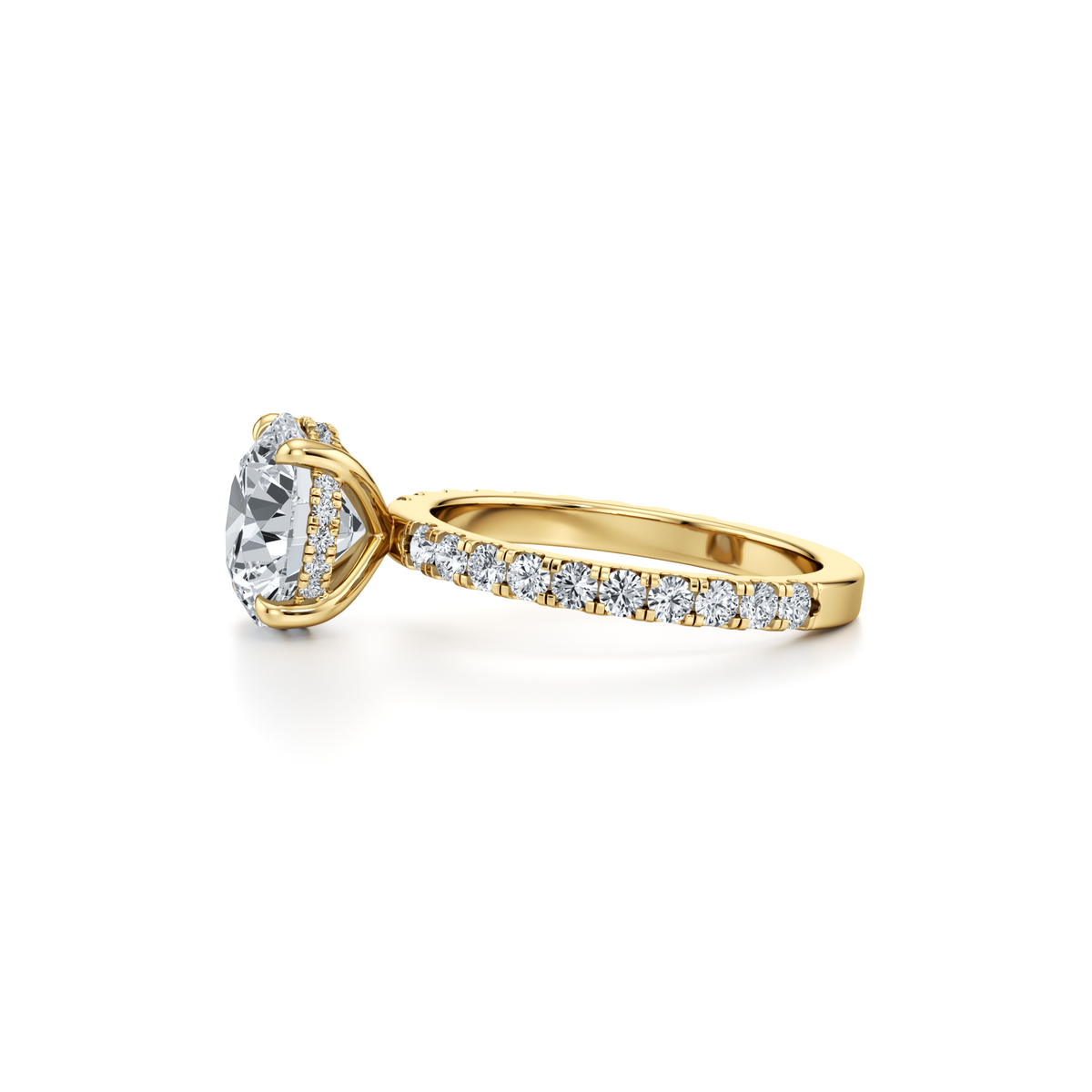 3.09 carat VVS2 round brilliant lab grown diamond ring with single row pavé in 14K yellow gold, IGI certified
