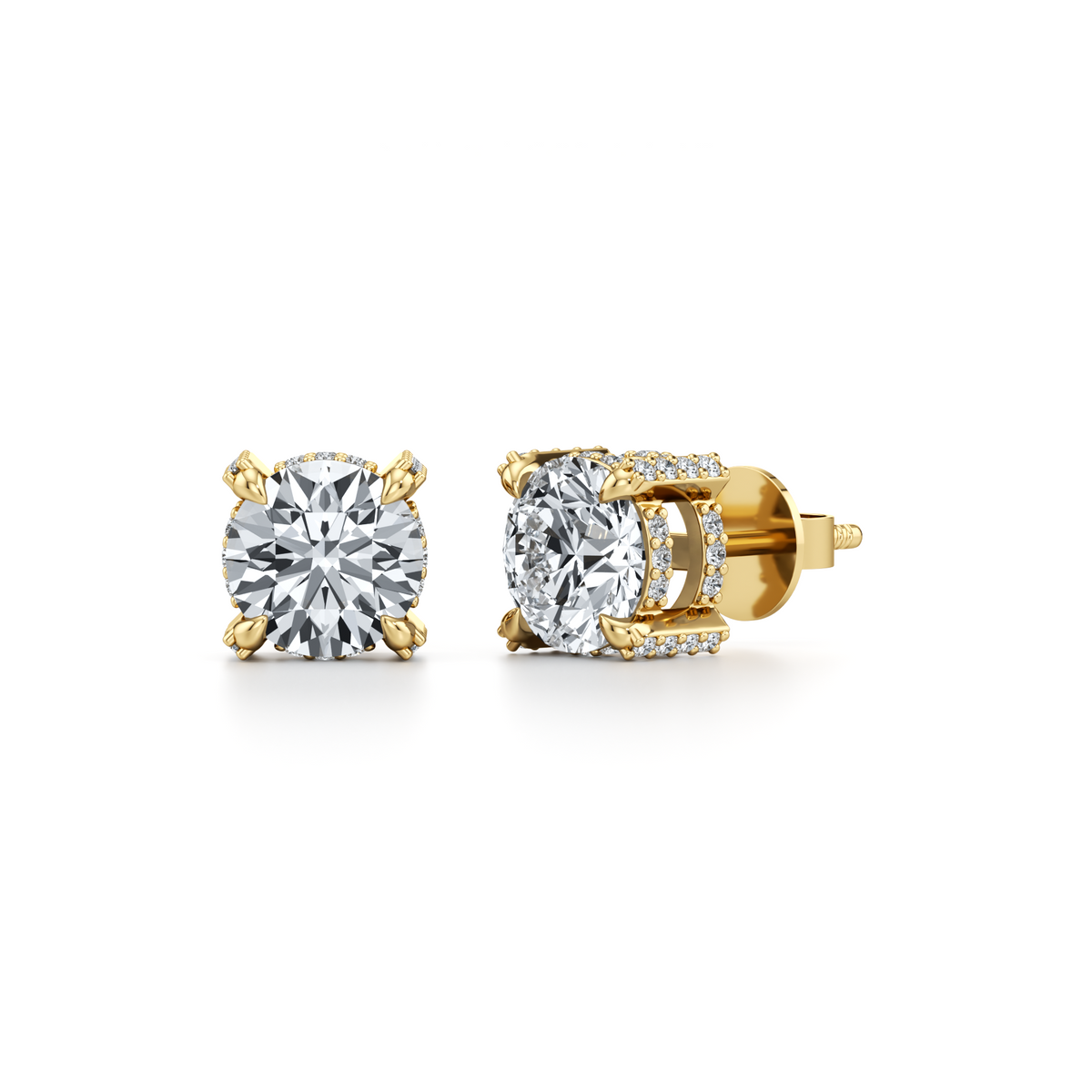 Round lab grown diamond stud earrings with hidden halo in 14K yellow gold