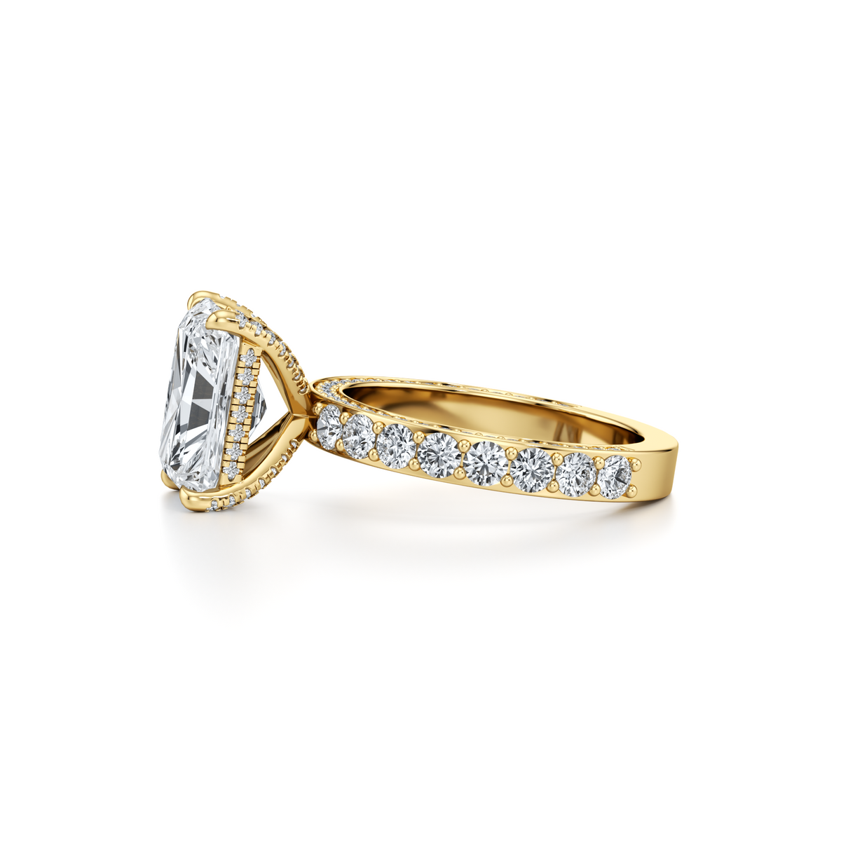 4.03 carat VS1 radiant lab grown diamond ring with three row pavé band in 14K yellow gold, IGI certified