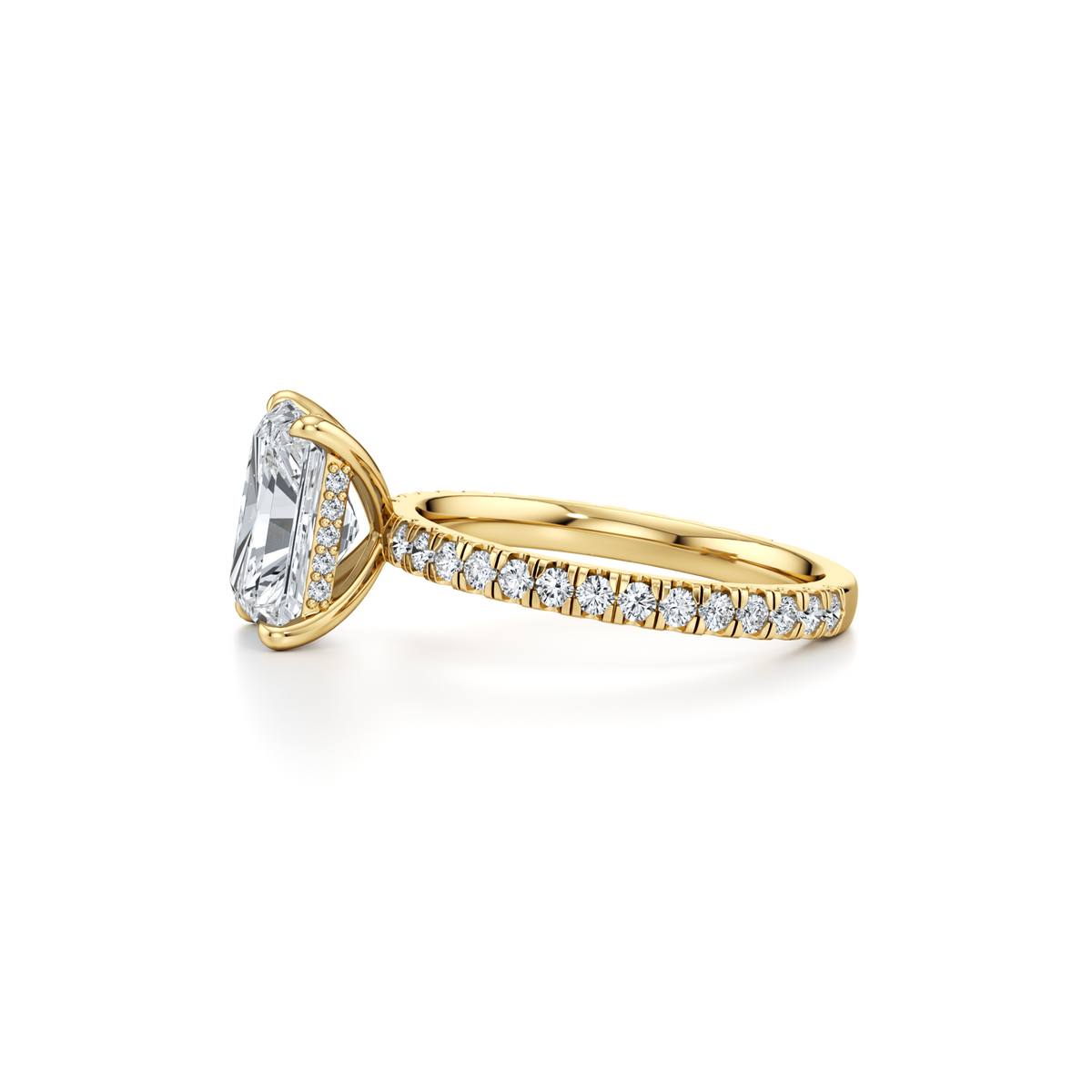 3.25 carat VS1 radiant lab grown diamond ring with single row pavé in 14K yellow gold, IGI certified
