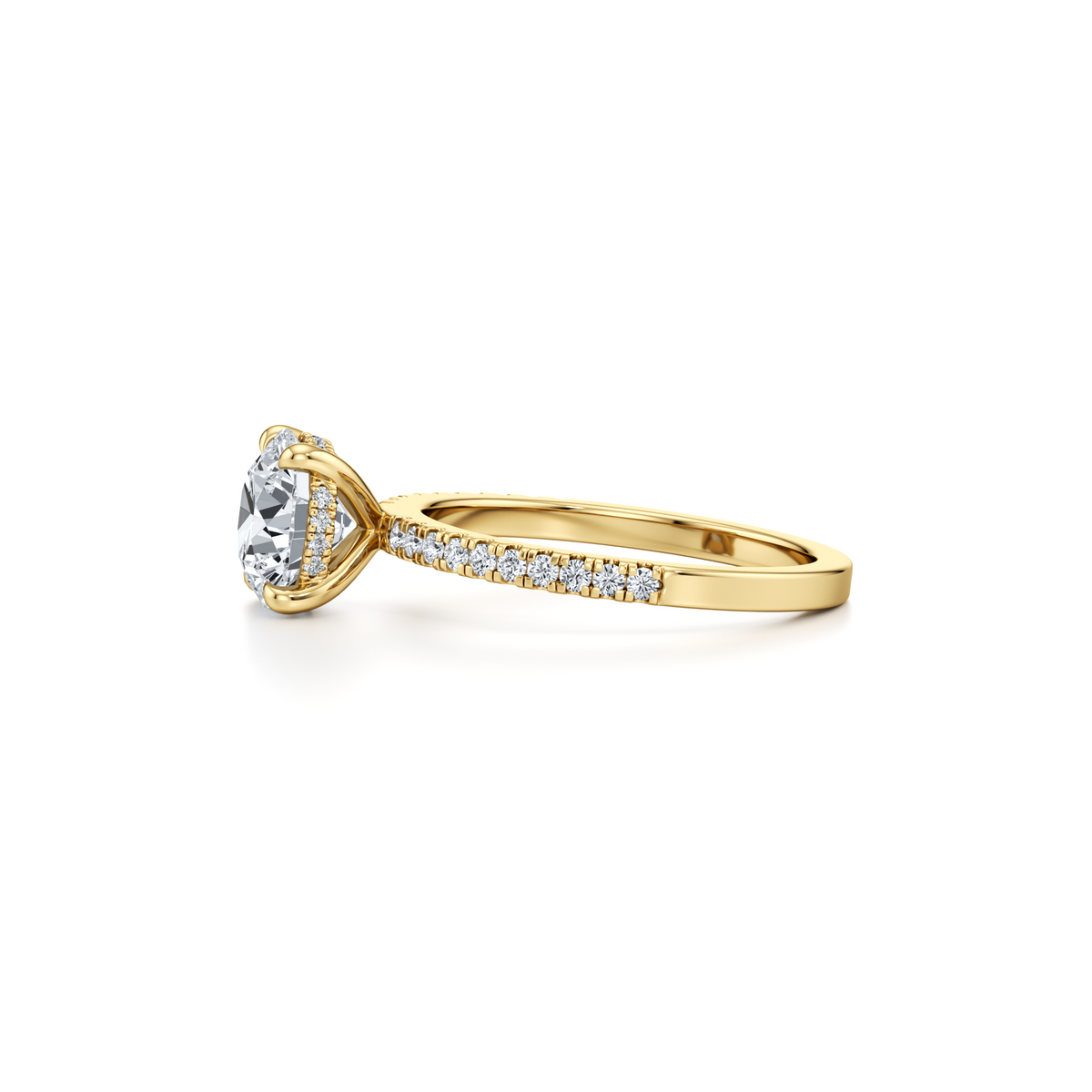 1.54 carat VVS2 round brilliant lab grown diamond solitaire with single row pavé in 14K yellow gold