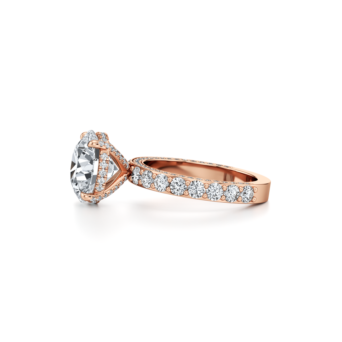 5.06 carat VVS2 round lab grown diamond ring with three row pavé band in 14K rose gold
