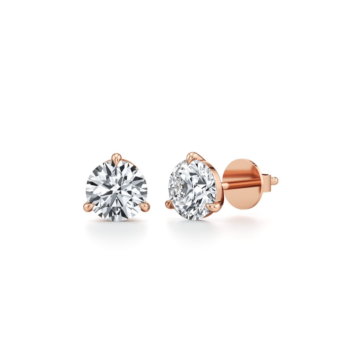 Round lab grown diamond stud earrings with three prong martini setting in 14K rose gold