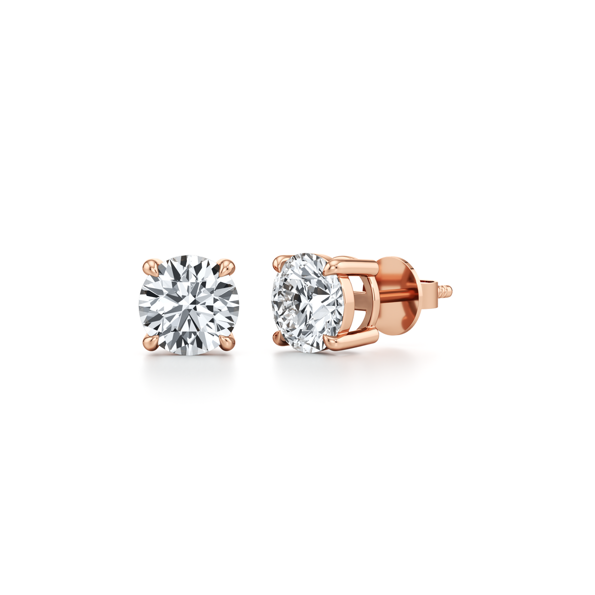 Round lab grown diamond stud earrings with four prong basket setting in 14K rose gold