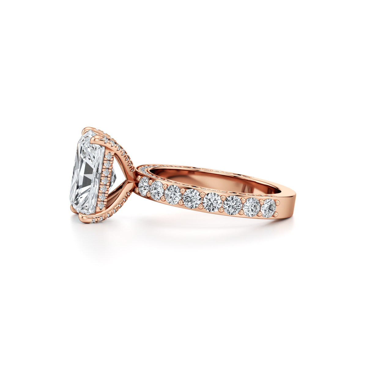 4.03 carat VS1 radiant lab grown diamond ring with three row pavé band in 14K rose gold, IGI certified
