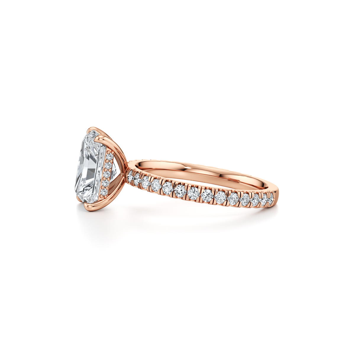 3.25 carat VS1 radiant lab grown diamond ring with single row pavé in 14K rose gold, IGI certified