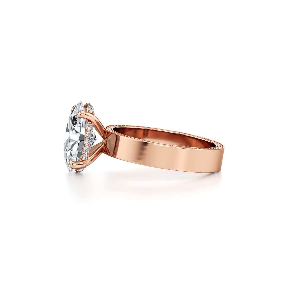 3.02 carat VVS2 oval lab grown diamond halo ring with pavé cigar band in 14K rose gold, IGI certified