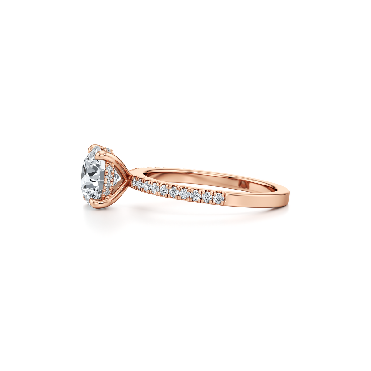 1.54 carat VVS2 round brilliant lab grown diamond solitaire with single row pavé in 14K rose gold