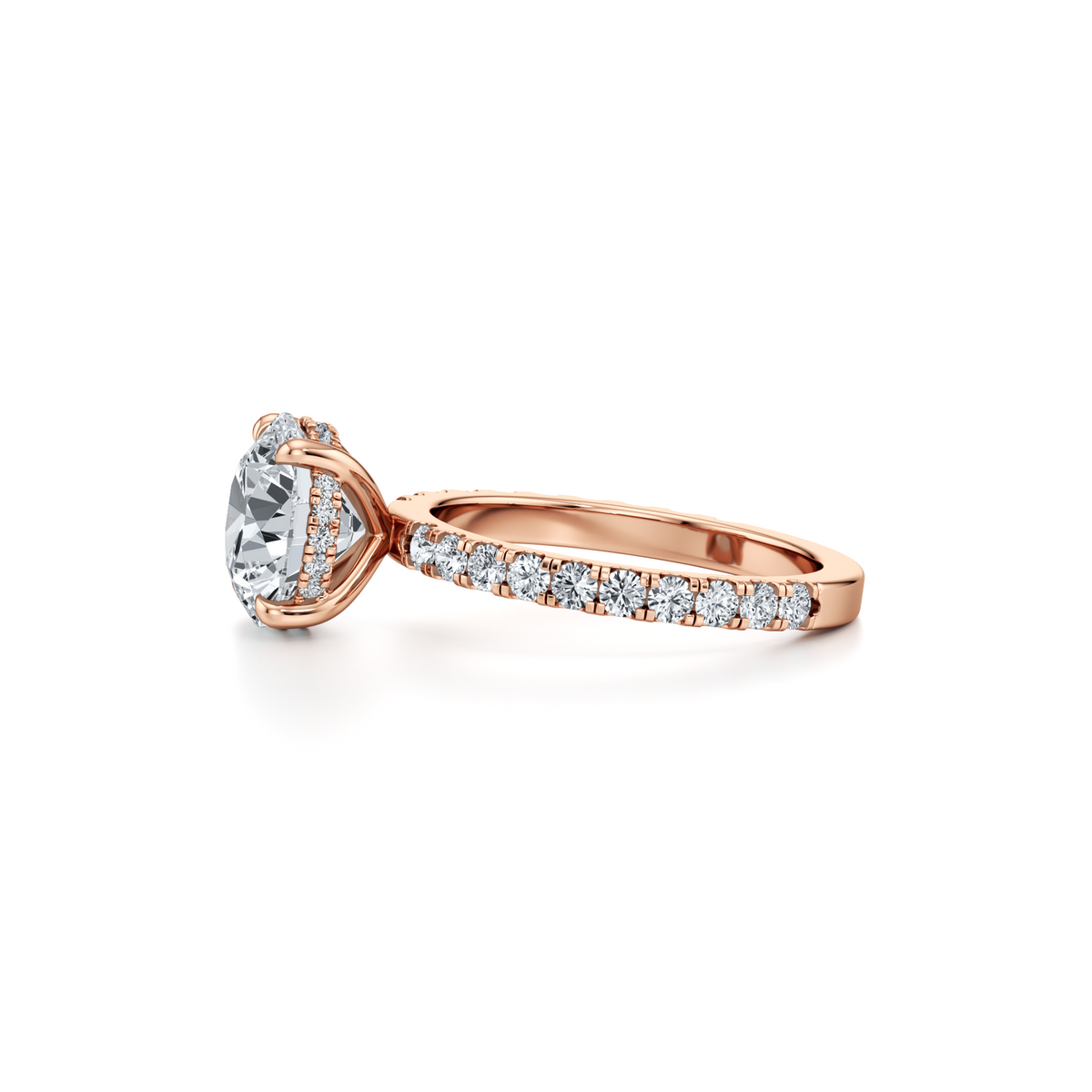 3.09 carat VVS2 round brilliant lab grown diamond ring with single row pavé in 14K rose gold, IGI certified