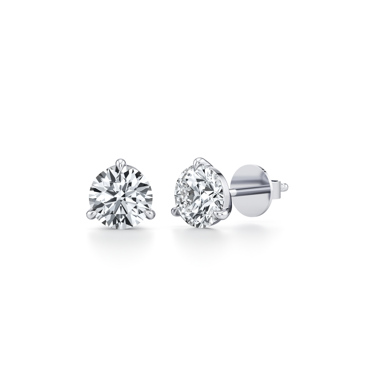 Round lab grown diamond stud earrings with three prong martini setting in 14K white gold