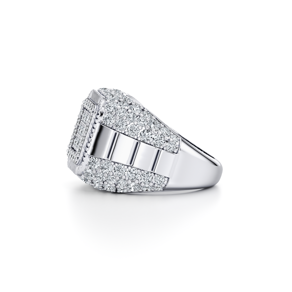 3 carat round natural diamond men's signet ring with three-quarter eternity set in 10K white gold