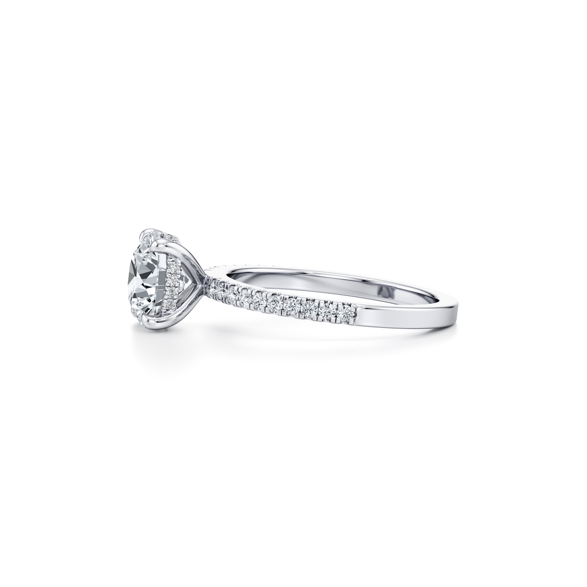 1.54 carat VVS2 round brilliant lab grown diamond solitaire with single row pavé in 14K white gold