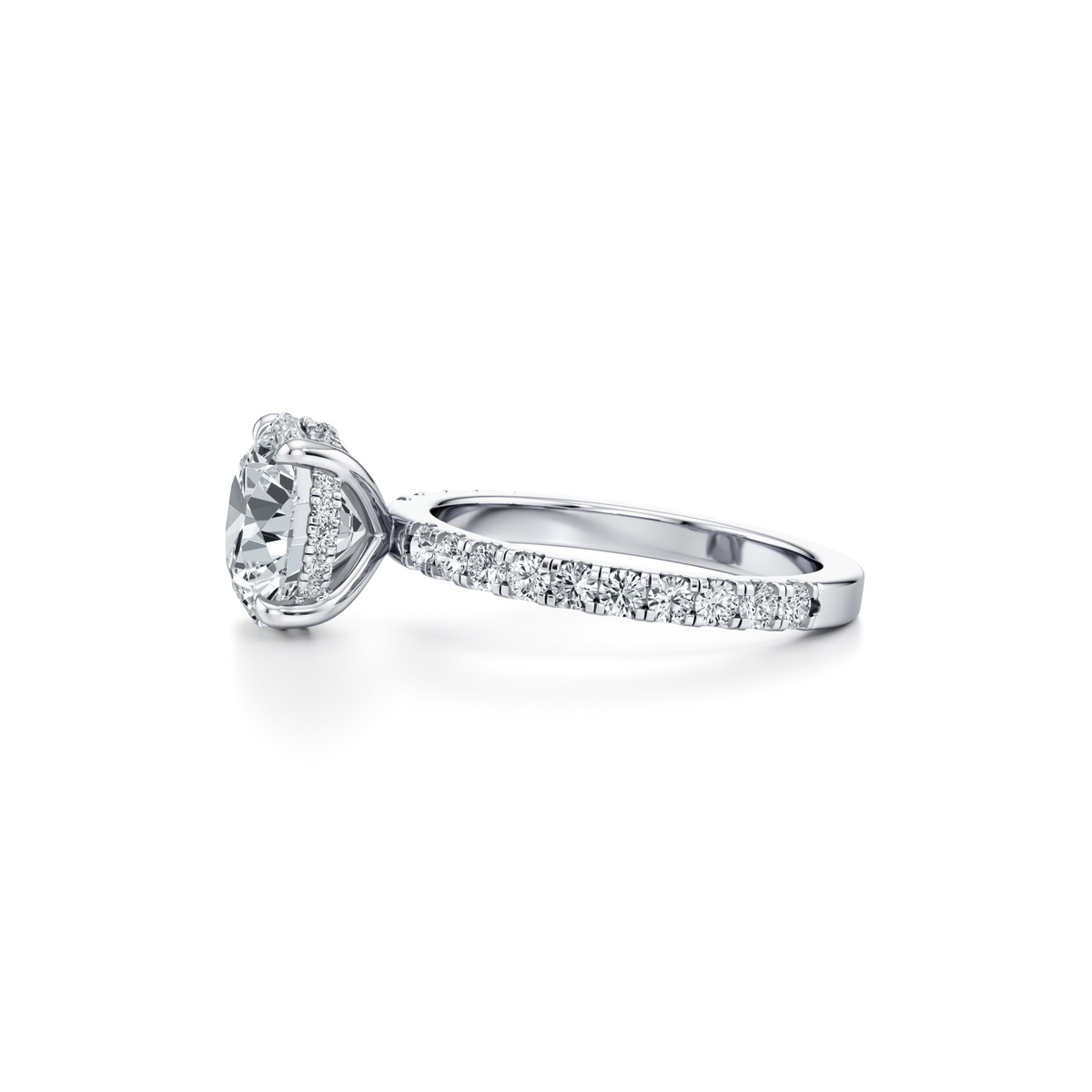 3.09 carat VVS2 round brilliant lab grown diamond ring with single row pavé in 14K white gold, IGI certified