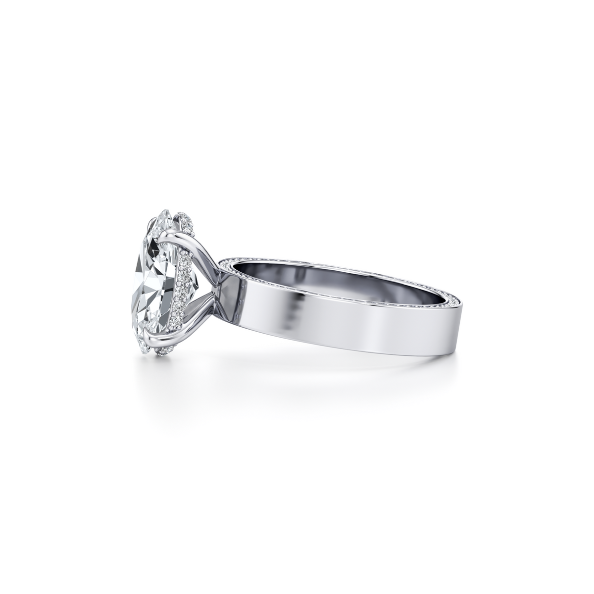 3.02 carat VVS2 oval lab grown diamond halo ring with pavé cigar band in 14K white gold, IGI certified