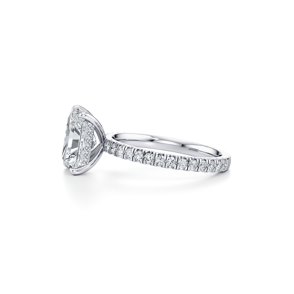 3.25 carat VS1 radiant lab grown diamond ring with single row pavé in 14K white gold, IGI certified