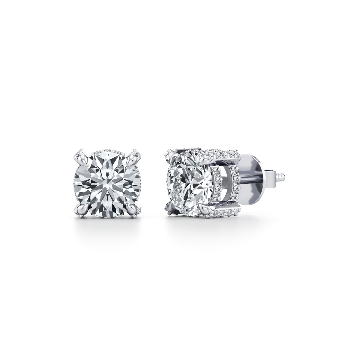 Round lab grown diamond stud earrings with hidden halo in 14K white gold