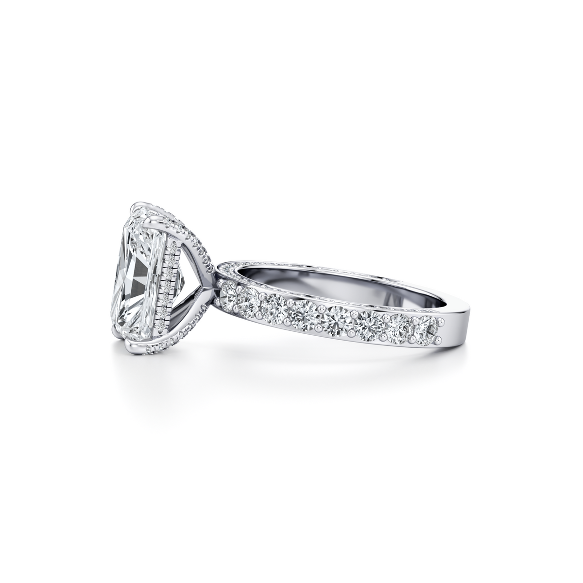 4.03 carat VS1 radiant lab grown diamond ring with three row pavé band in 14K white gold, IGI certified