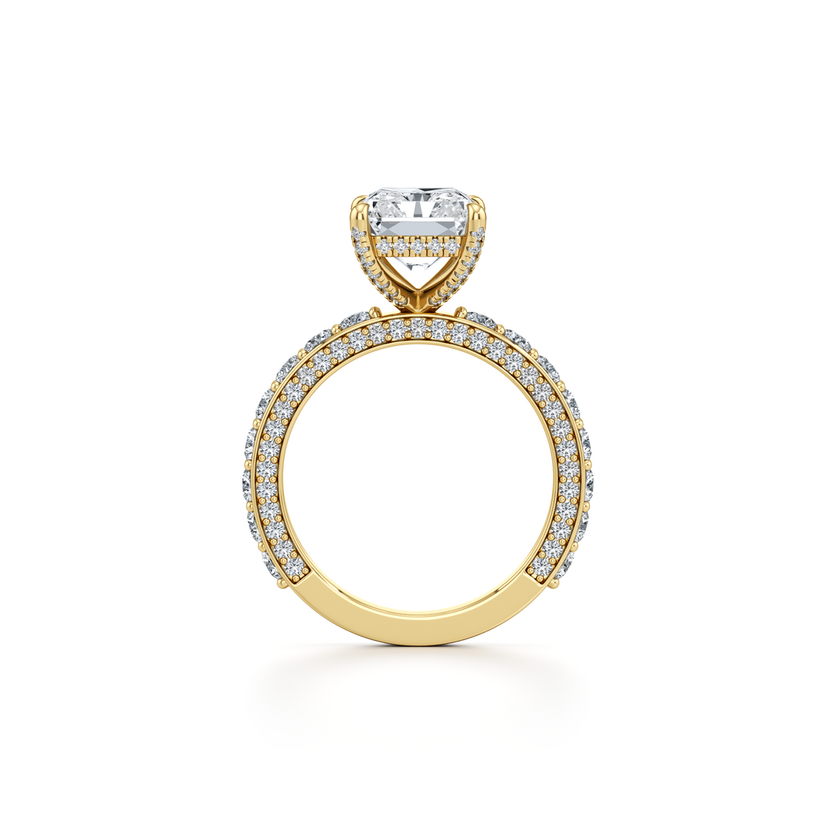Radiant cut lab grown diamond engagement ring with hidden halo in 14K yellow gold, 5.03 carat total