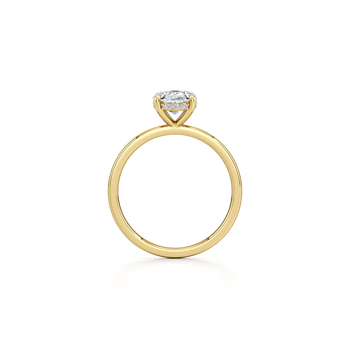 Oval lab grown diamond engagement ring with hidden halo in 14K yellow gold, 2.12 carat total