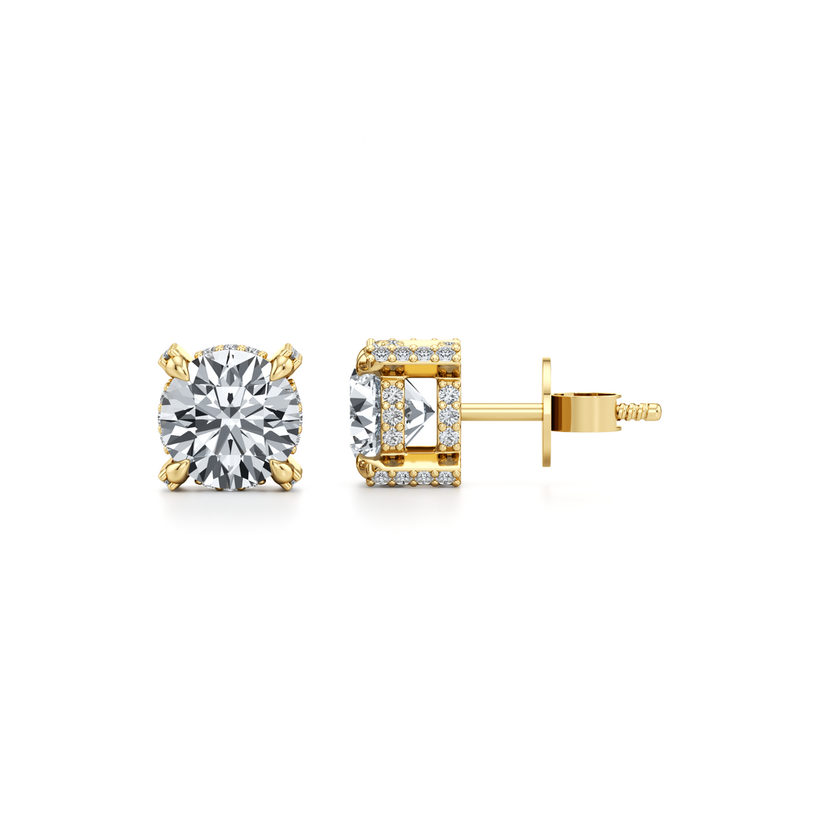 VVS2 round lab grown diamond hidden halo studs in 14K yellow gold