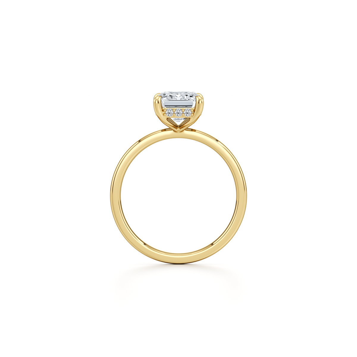 Emerald cut lab grown diamond engagement ring with hidden halo in 14K yellow gold, 3.09 carat total