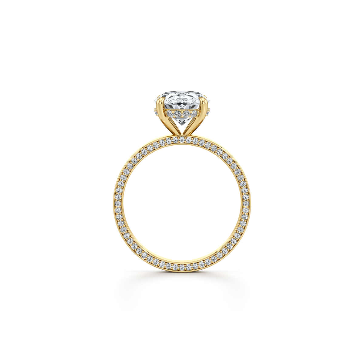 Oval lab grown diamond halo engagement ring with diamond prongs in 14K yellow gold, 3.52 carat total