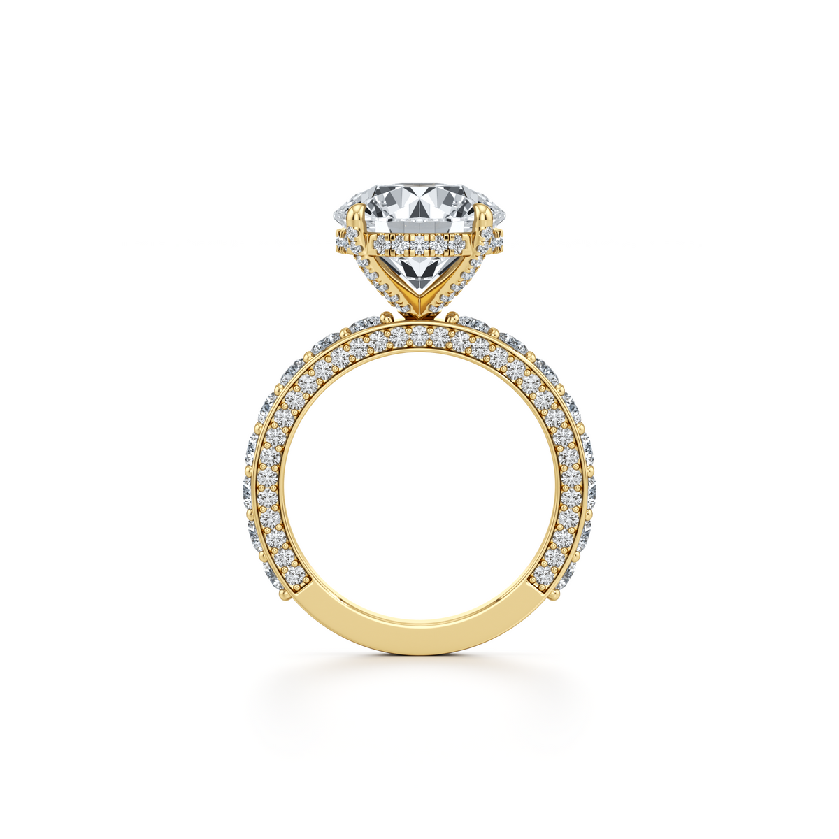 Round lab grown diamond engagement ring with hidden halo in 14K yellow gold, 6.76 carat total