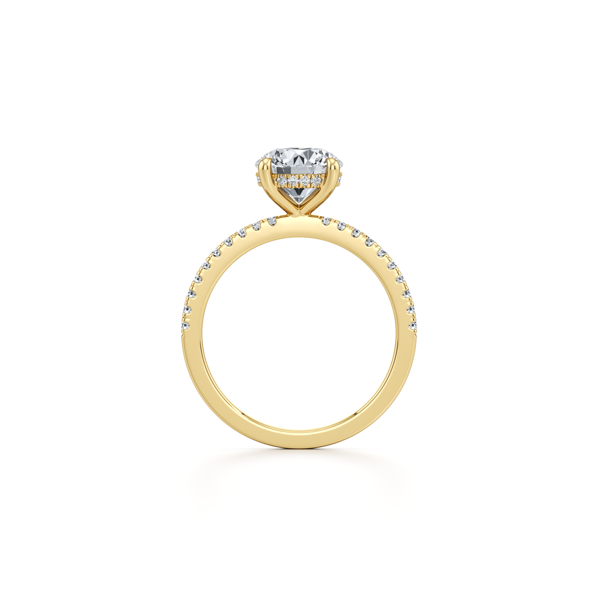 Round lab grown diamond engagement ring with hidden halo in 14K yellow gold, 1.79 carat total