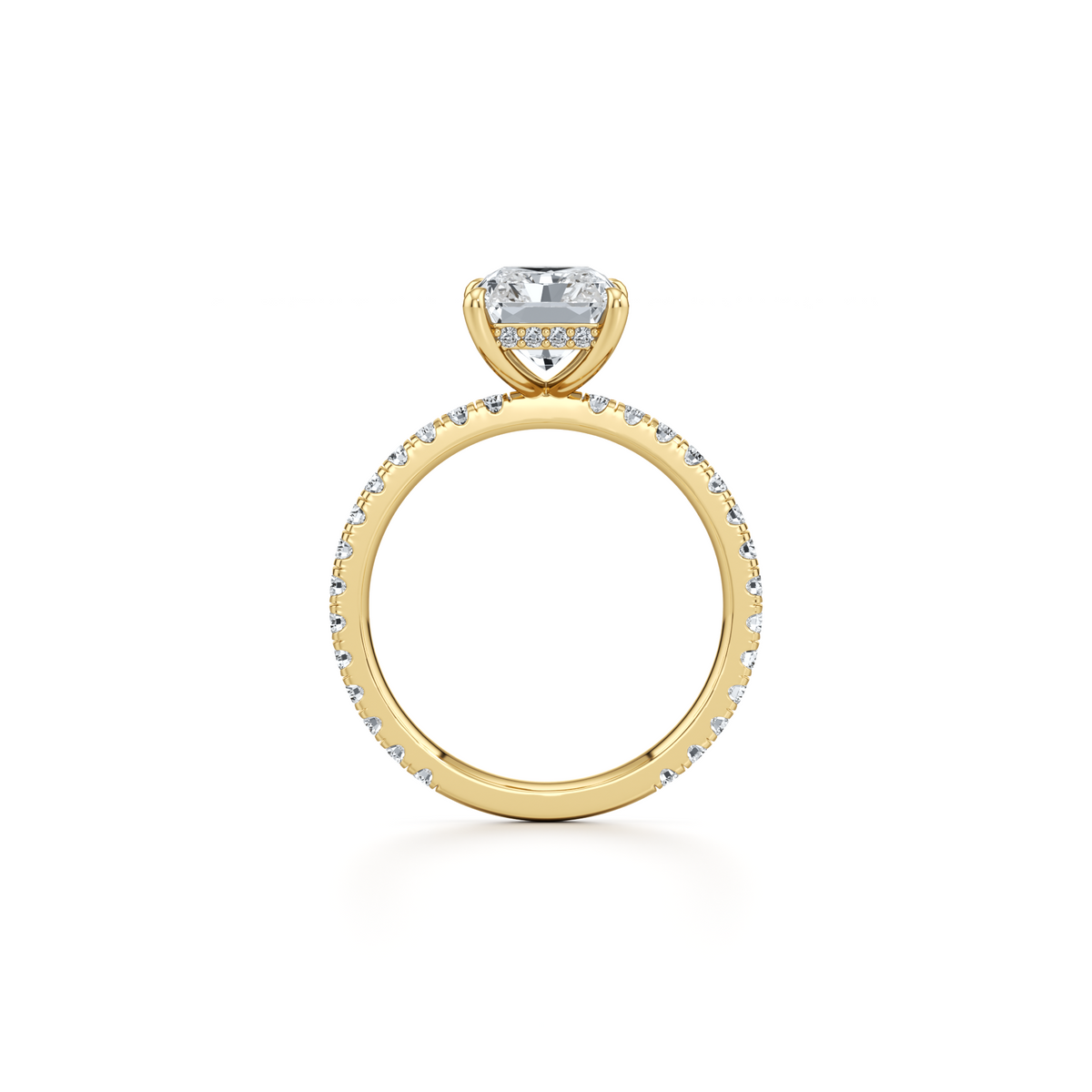 Radiant cut lab grown diamond engagement ring with hidden halo in 14K yellow gold, 4.05 carat total