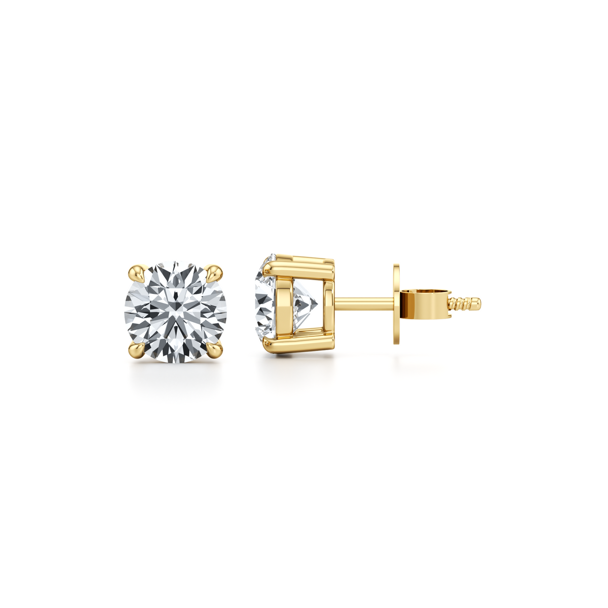 VVS2 D colour round lab grown diamond basket studs in 14K yellow gold