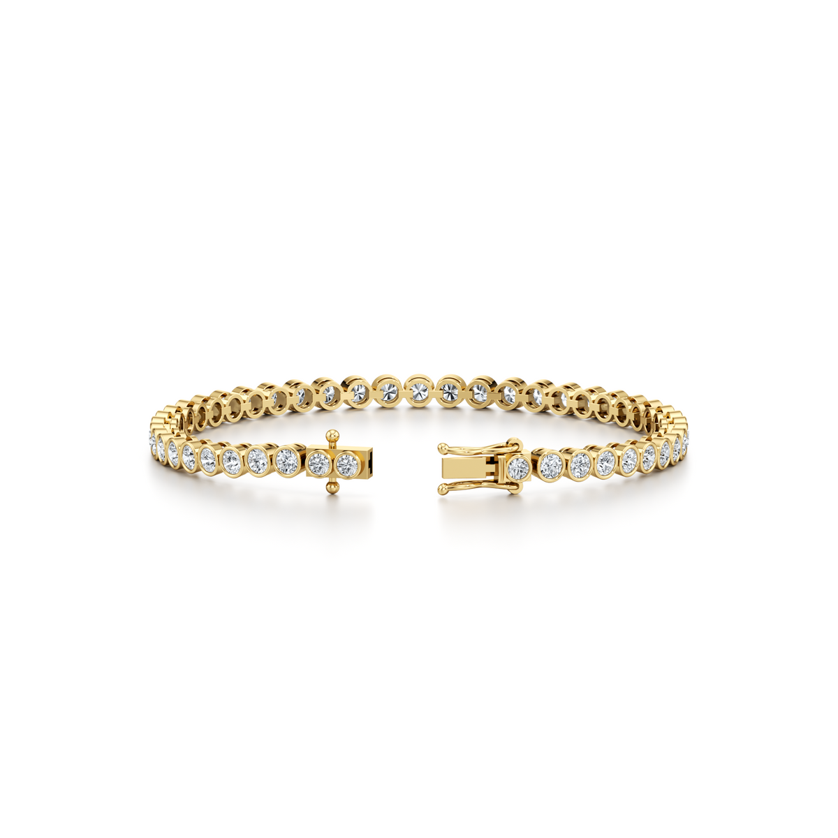 Bezel tennis bracelet with 4 carat round lab grown diamonds in 14K yellow gold