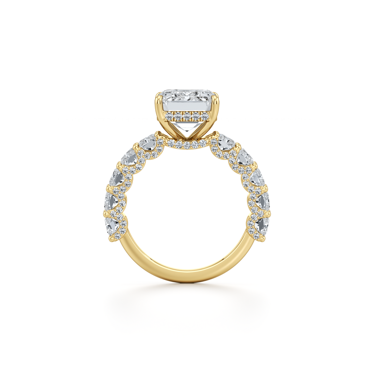 Emerald cut lab grown diamond pavé engagement ring in 14K yellow gold, 9.76 carat total